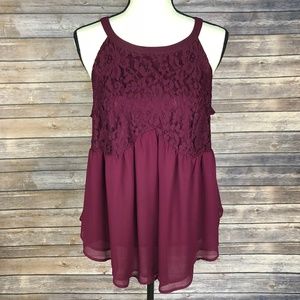 Torrid Maroon Lace Mock Neck Peplum Tank